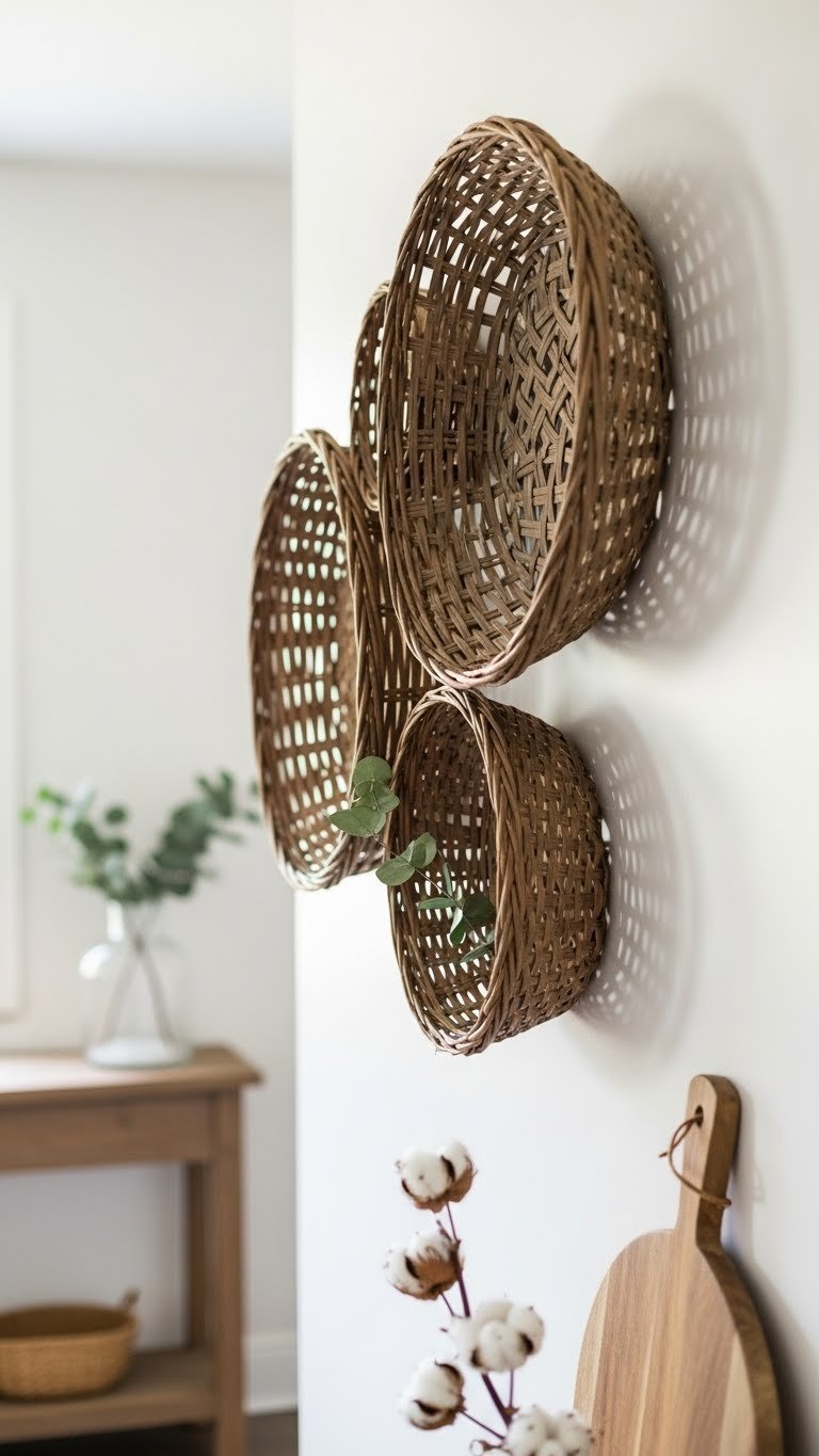 Cluster of weathered tobacco baskets arranged as textured wall accents on clean white kitchen wall