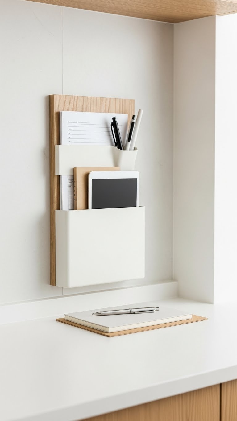 Clutter-free command center with wall-mounted organizer in organized Japandi kitchen storage solution
