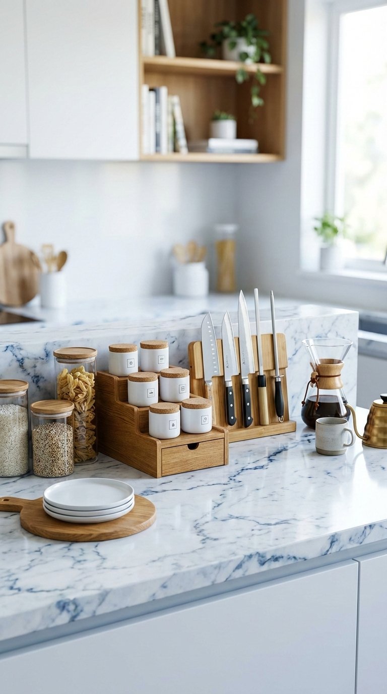 Clutter-free smart organizers on marble countertop optimizing limited space with tiered organizers and glass jars