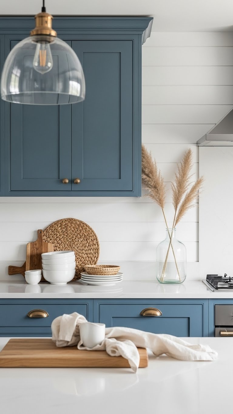 Coastal Scandinavian kitchen with ocean blue cabinets, natural textures, and white shiplap wall backdrop