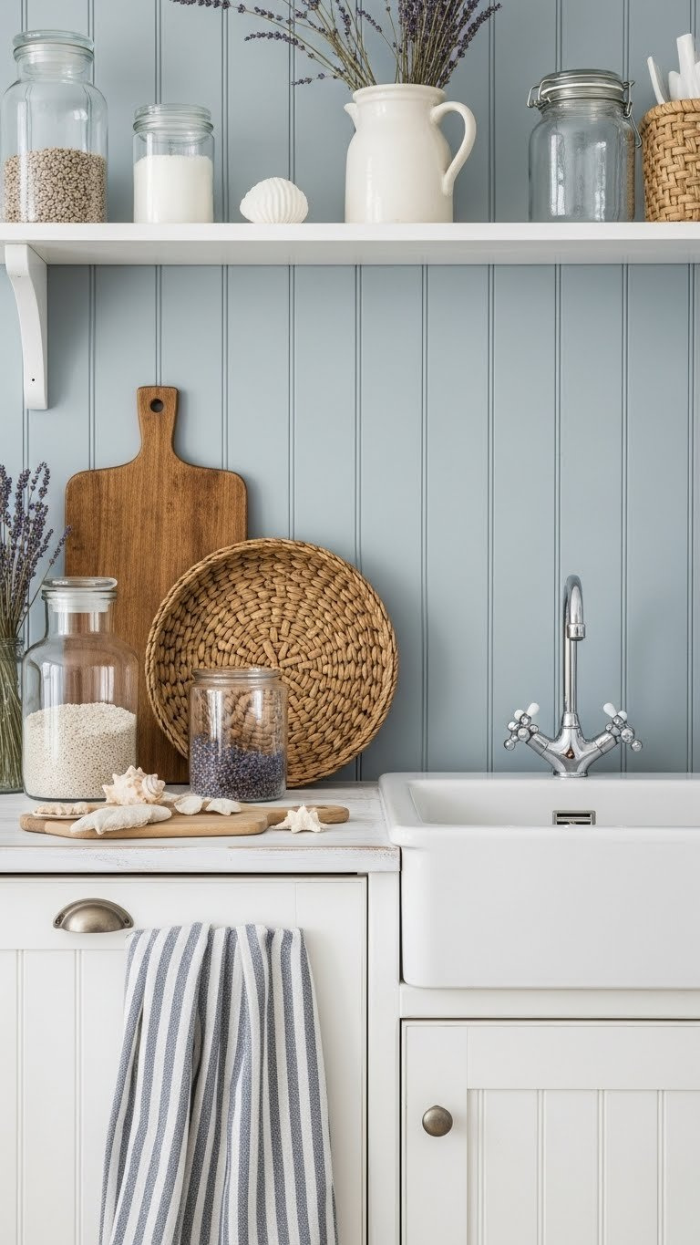 Coastal kitchen with sandy beige cabinets, white distressed wood countertops, and woven baskets in bright beachy daylight.