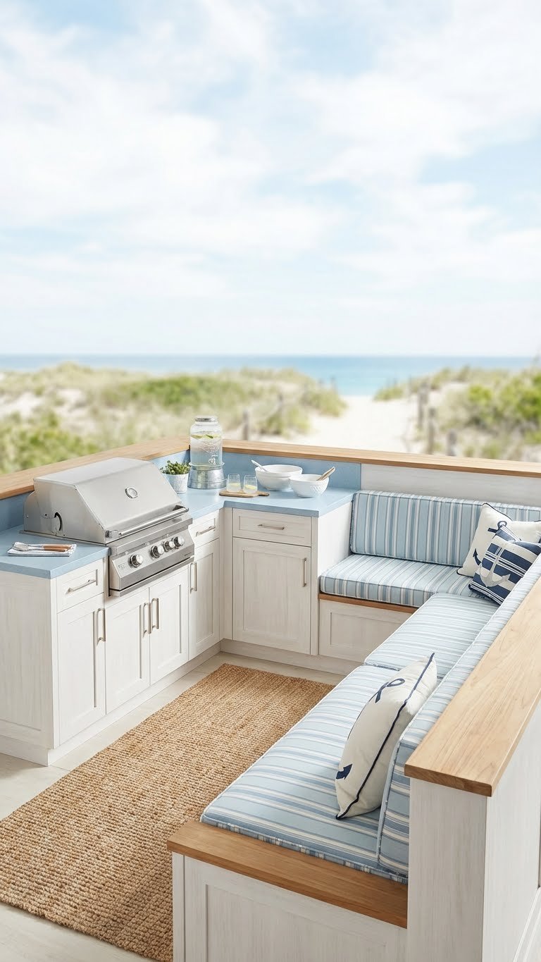 U-Shaped Outdoor Kitchen Design: 7 Ideas For Your Backyard 10 Coastal retreat U-shaped outdoor kitchen with light blue countertops, marine grill, and integrated bench seating with ocean view.