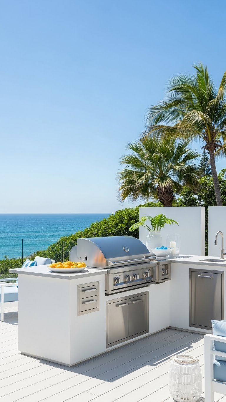 Coastal weather-resistant outdoor kitchen with marine-grade polymers and light-toned stone overlooking ocean view