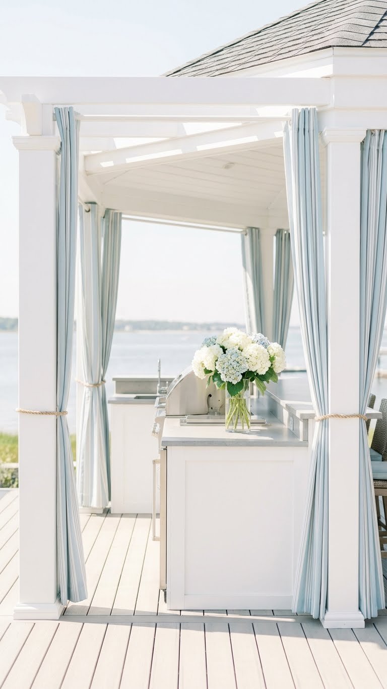 Outdoor Kitchen Gazebo Design Ideas That Are Complete And Proven 15 Coastal white vinyl gazebo with blue striped curtains, built-in kitchen, and ocean view backdrop