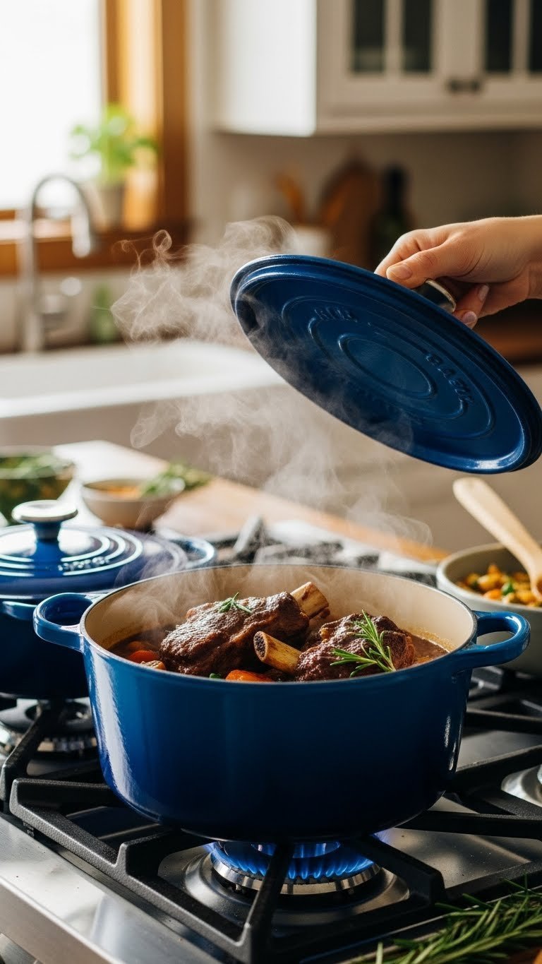 Cobalt blue enameled cast iron Dutch oven simmering hearty stew on stovetop with steam escaping