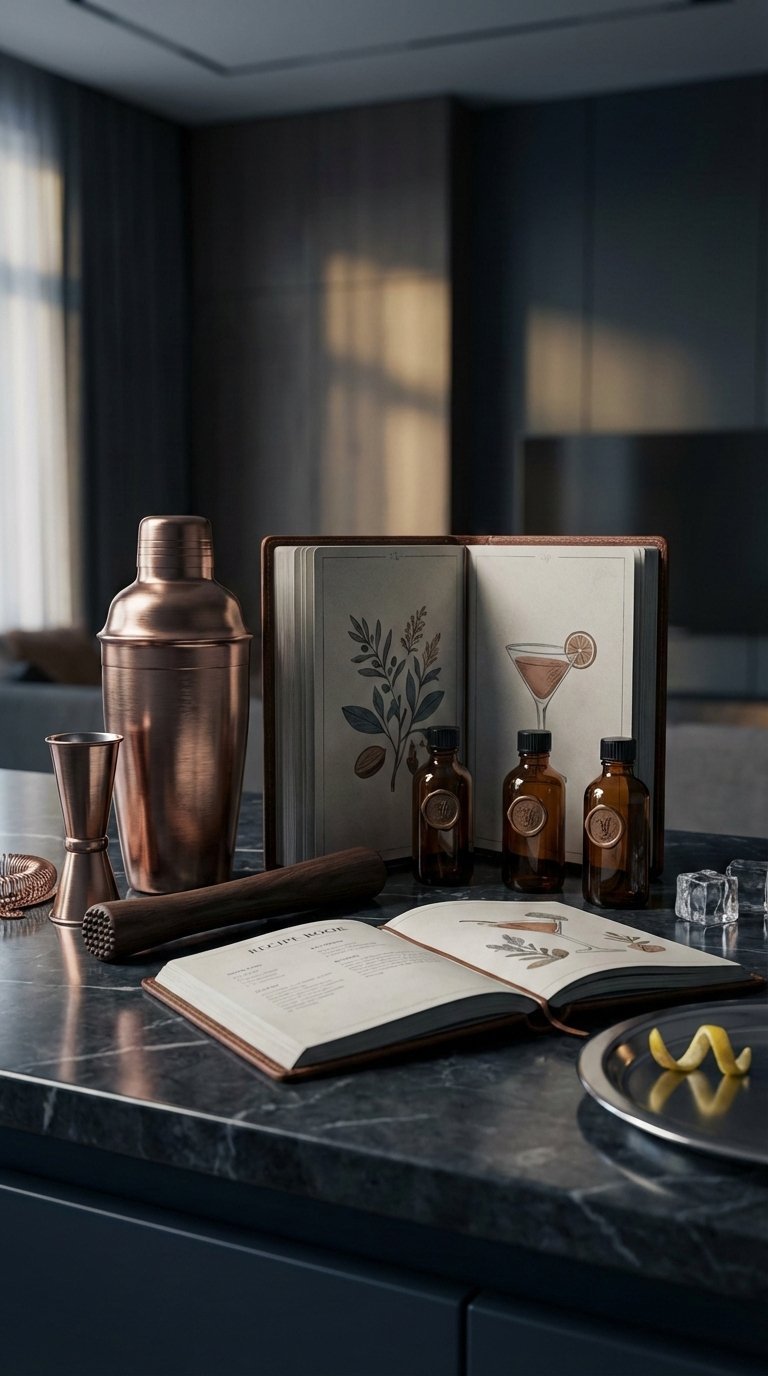 Cocktail connoisseur's gift basket featuring shaker, bitters, recipe book elegantly arranged on dark marble