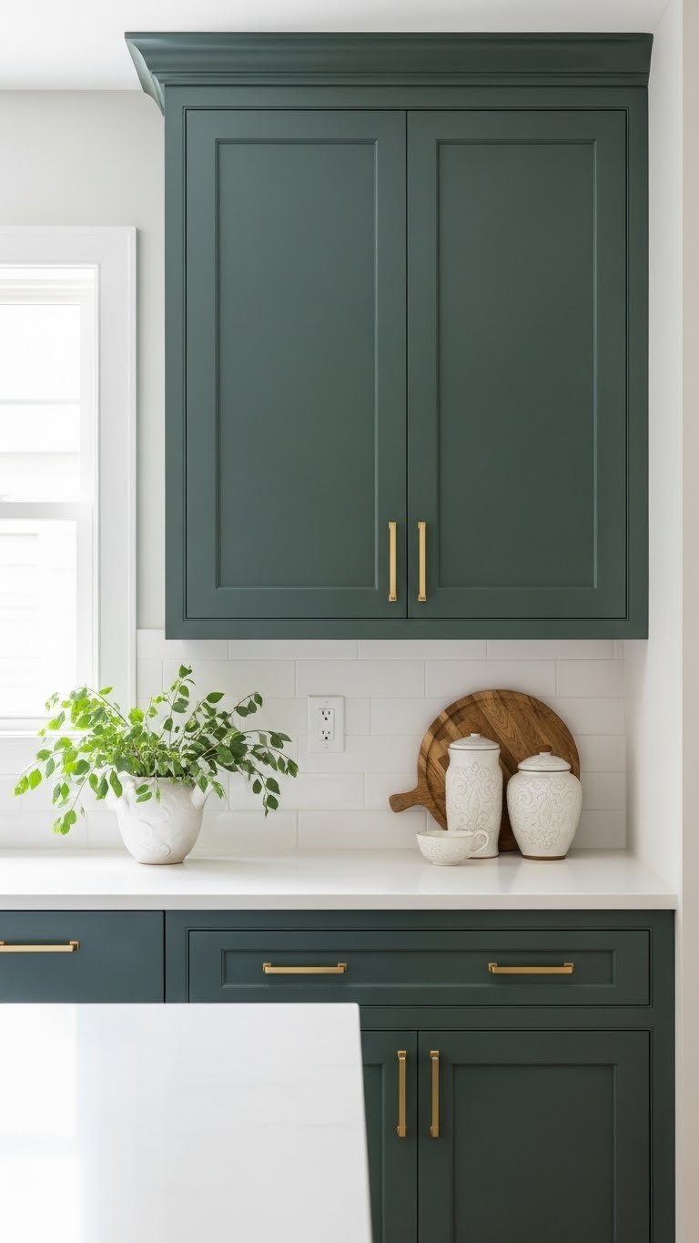 Cohesive forest green kitchen cabinetry extends to living room shelving. White and matte gold accents for seamless visual flow.