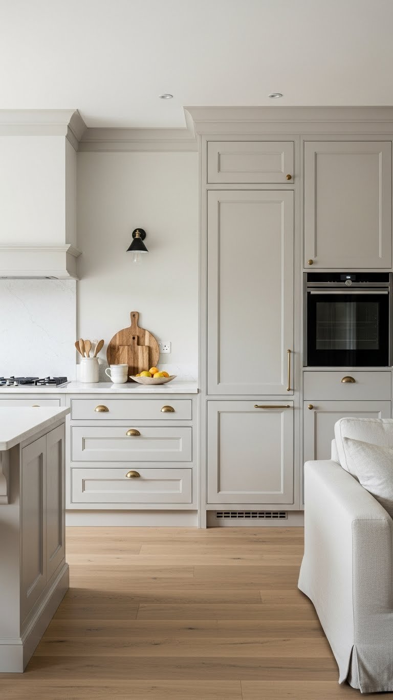 Cohesive open plan kitchen living room with unified light cream and soft gray color palette, natural wood floors, seamless flow and elegant design.