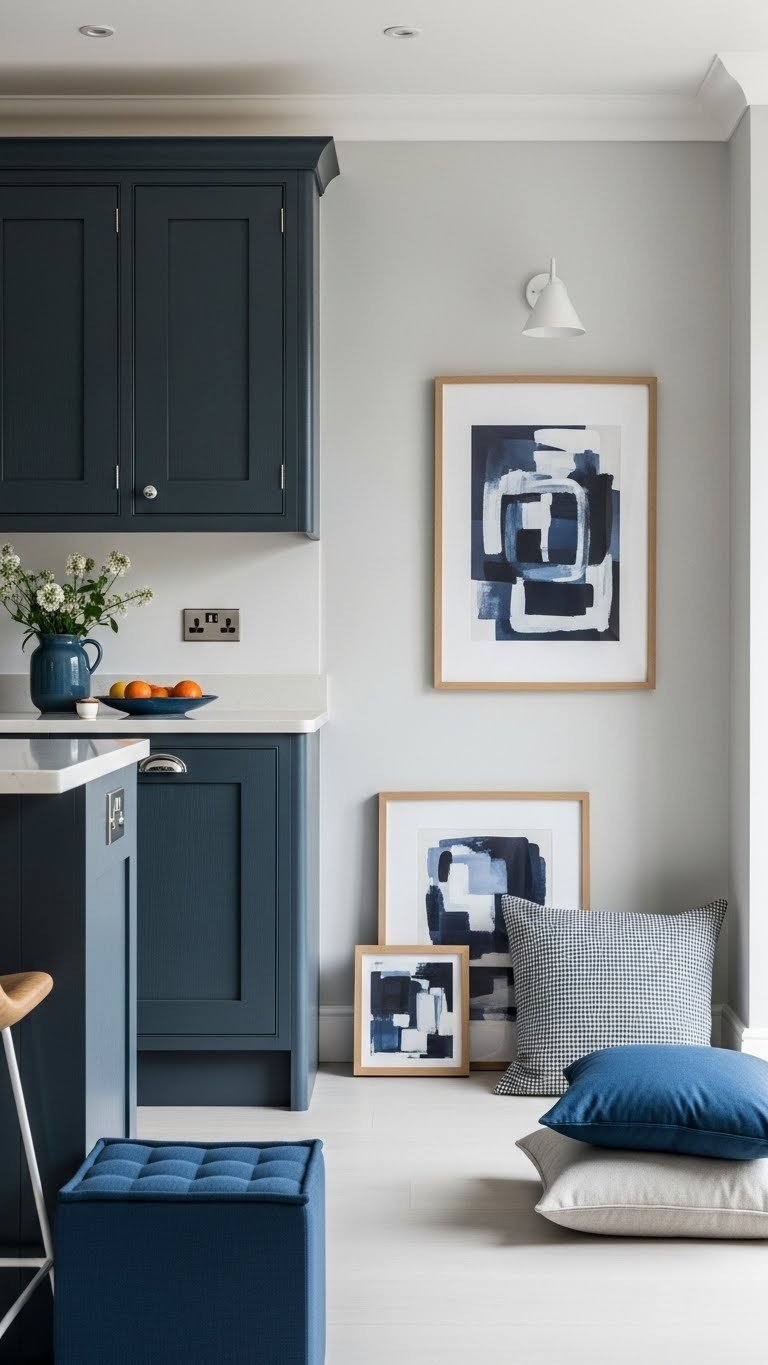 Cohesive open plan living room and kitchen with deep navy walls, light oak cabinetry, and matching decor. Elegant interior design.