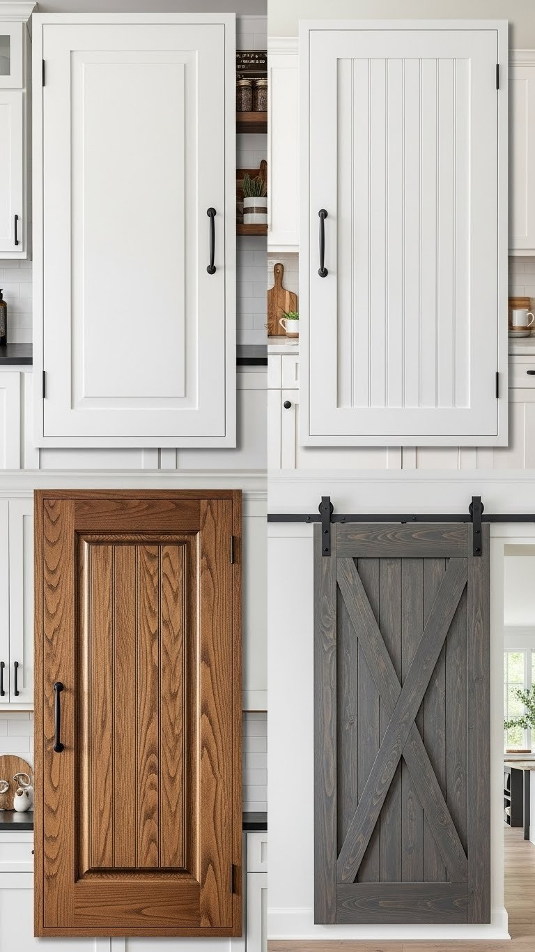 Collage of four rustic farmhouse cabinet door styles including Shaker, beadboard, flat panel, and barn-style sliding doors with matte black hardware.