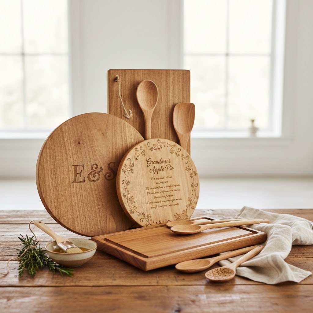 Easy Diy Kitchen Gifts: 11 Ideas That Look Pro &Amp; Cost Less 3 Collection of engraved wooden cutting boards and utensils on rustic table with herbs and linen towel in bright daylight setting.