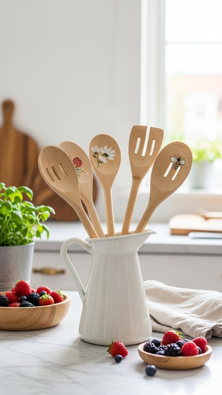 Collection of hand-painted wooden spoons with floral designs displayed in ceramic pitcher on marble countertop