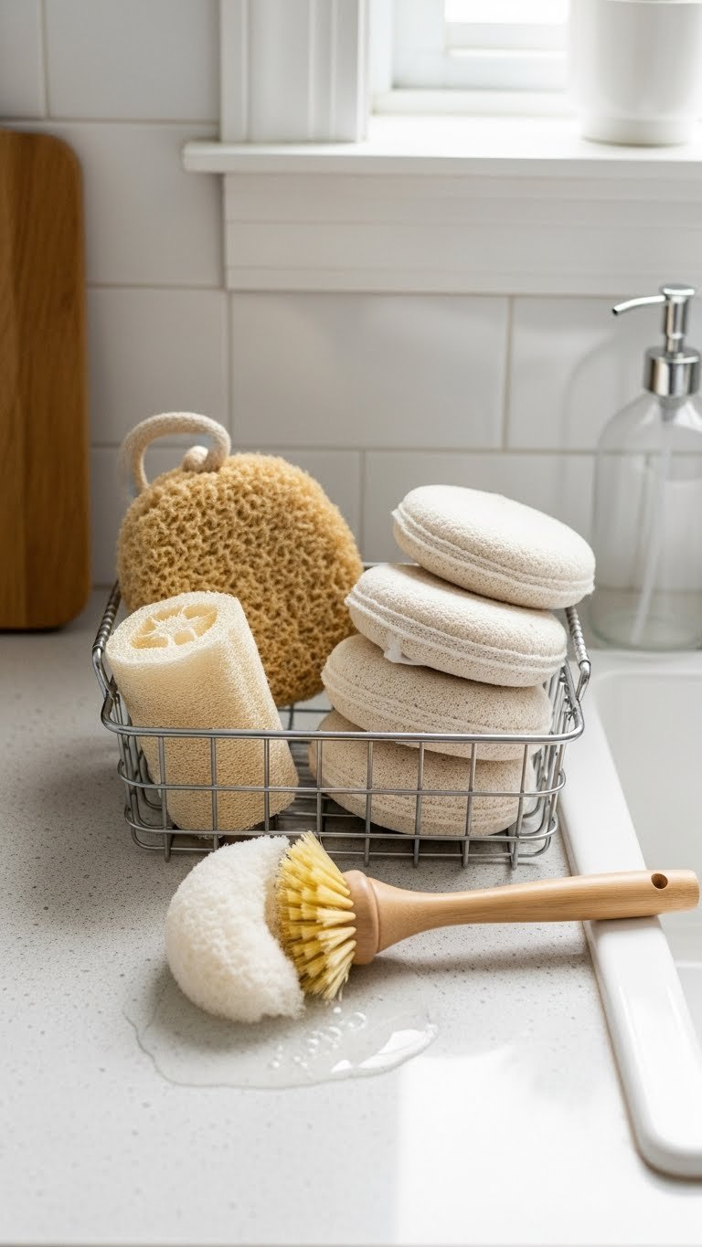 Eco Friendly Kitchen Gadgets: 9 Essential Swaps For 2025 17 Collection of natural compostable sponges arranged in wire basket by kitchen sink with loofah and cellulose types