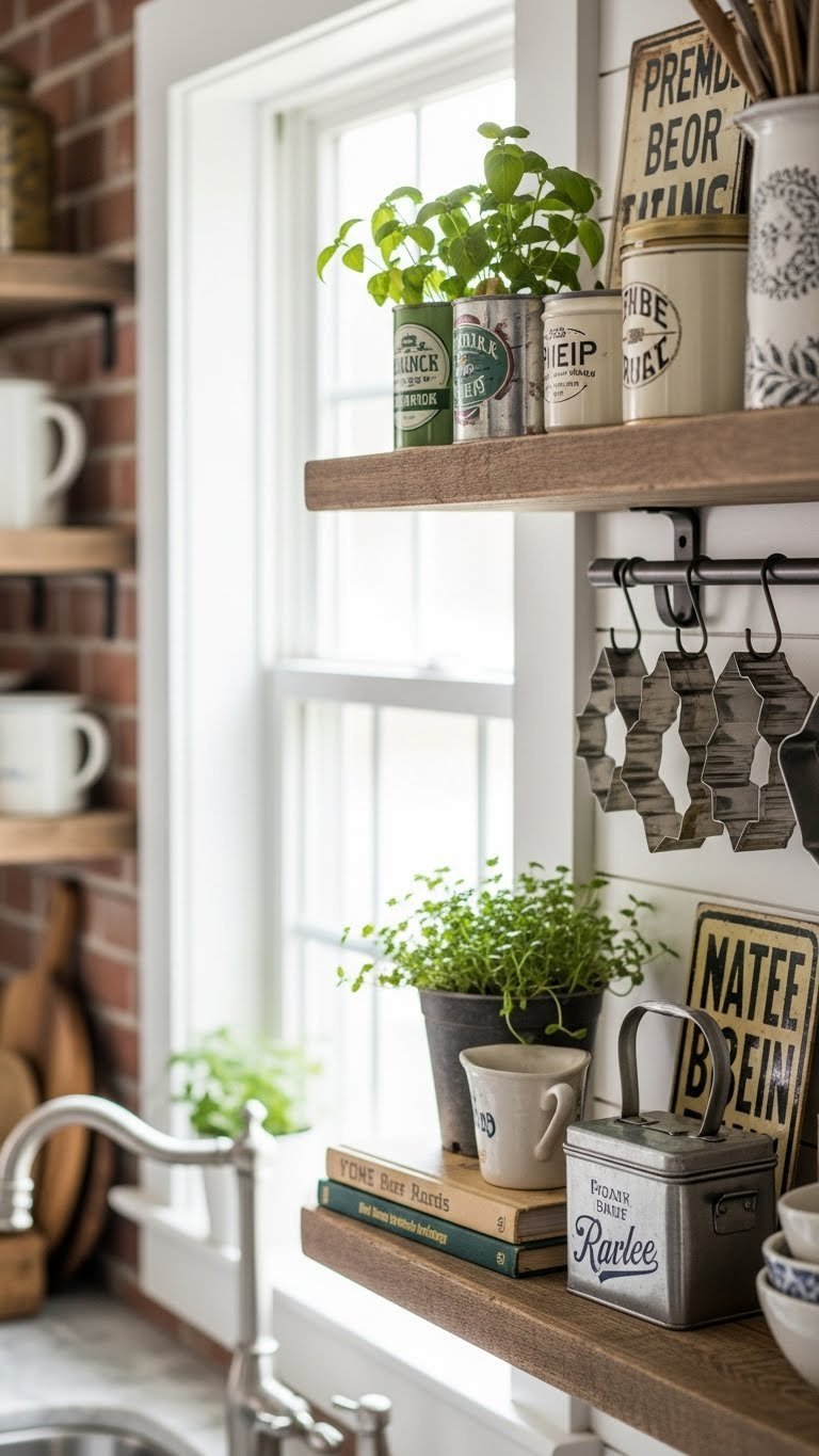 Collection of small tin accents on rustic kitchen shelf including vintage signs and decorative items with metallic glints.