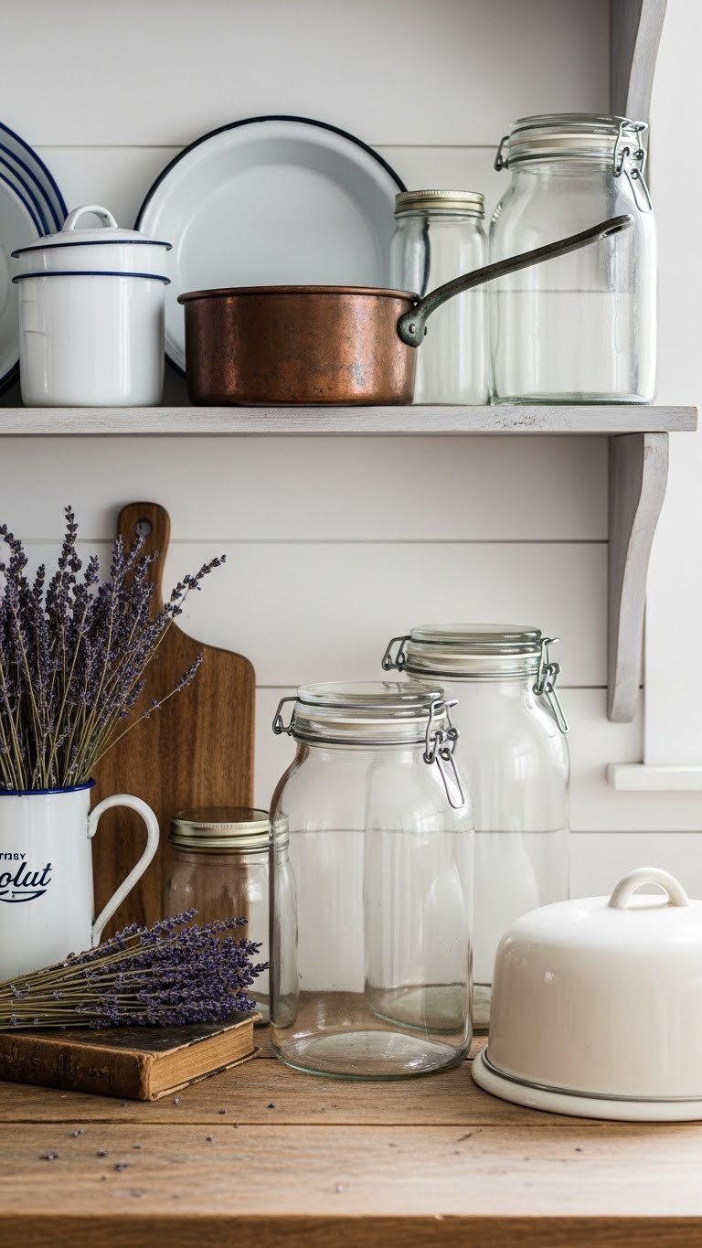 Collection of vintage enamelware and tarnished copper pot arranged on distressed wooden countertop in farmhouse kitchen