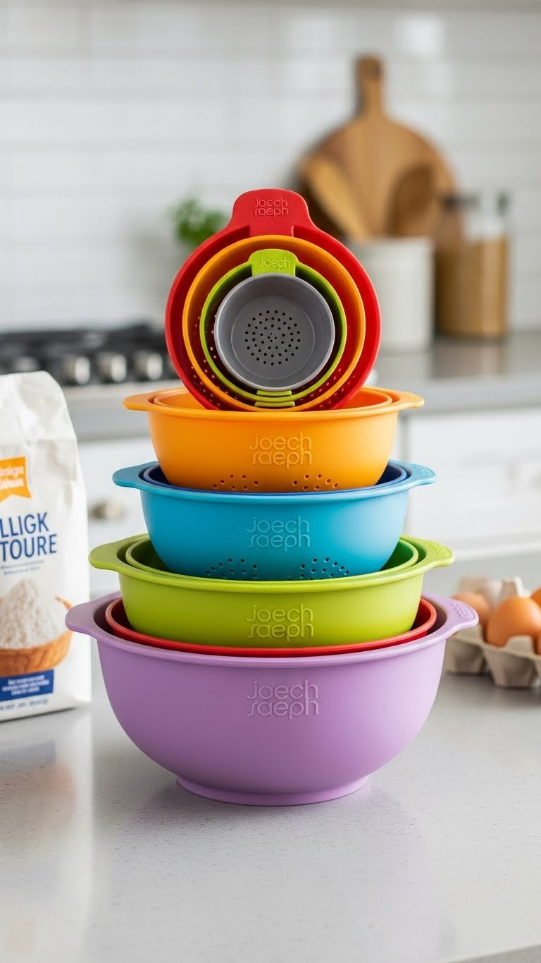 Colorful Joseph Joseph Nest 9 Plus bowl set stacked compactly with mixing bowls, colander, sieve and measuring cups