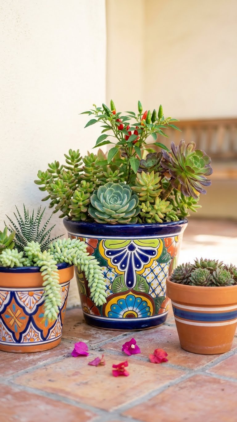 Outdoor Kitchen Mexican Style Ideas For Authentic Entertaining 13 Colorful Mexican terracotta pottery collection with succulents and chili plants on rustic Saltillo tile floor.