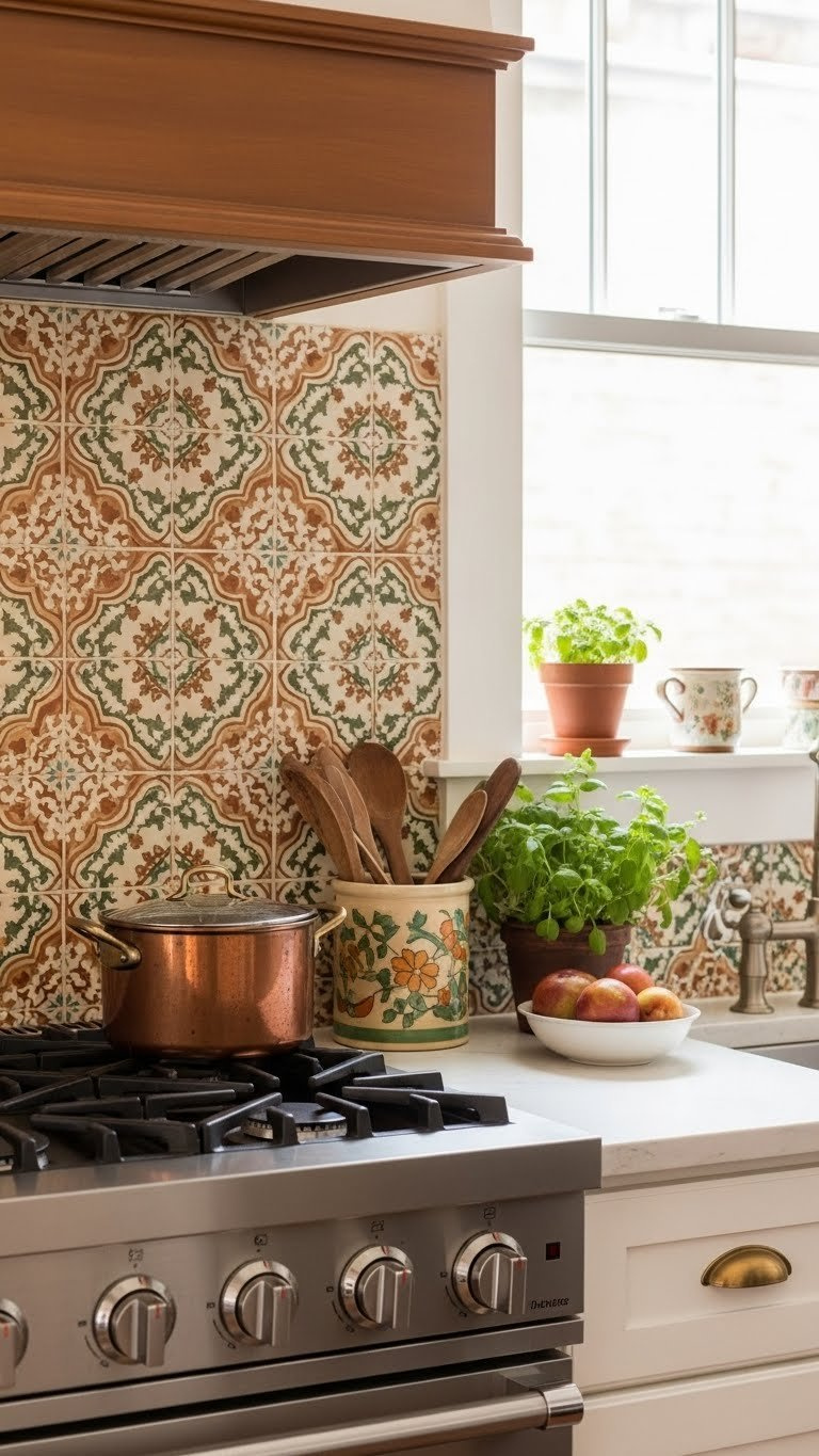 Colorful Mexican tile backsplash with intricate patterns and vintage copper cookware in compact kitchen design