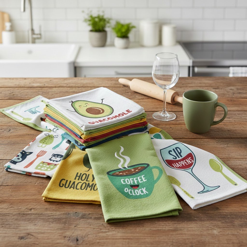 9 Kitchen Hand Towel Gift Ideas: Unique &Amp; Thoughtful 3 Colorful funny kitchen dish towels with whimsical prints stacked on rustic wooden table flat lay.