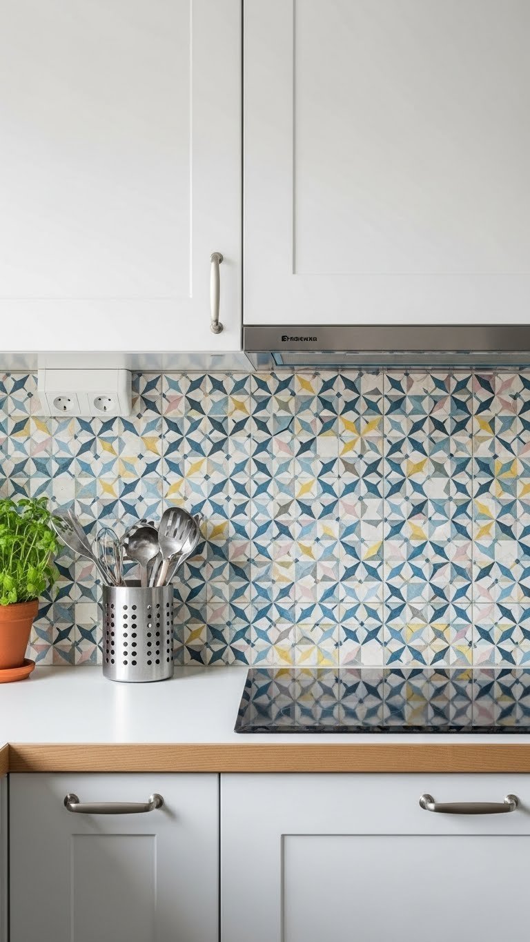 Colorful geometric backsplash in Scandinavian kitchen with blues, yellows, and pinks against white cabinets.