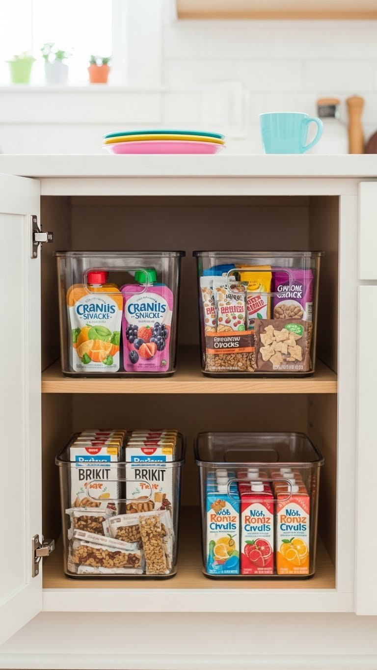 11 Smart Kitchen Cabinet Pantry Ideas For Ultimate Organization 19 Colorful kids' snack pantry in a lower cabinet with clear bins of healthy pre-portioned fruit pouches, granola bars, and juice boxes.