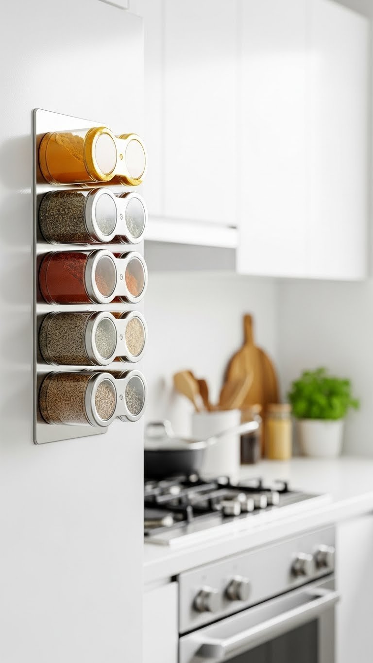 Colorful magnetic spice rack with transparent containers filled with vibrant spices mounted on a refrigerator