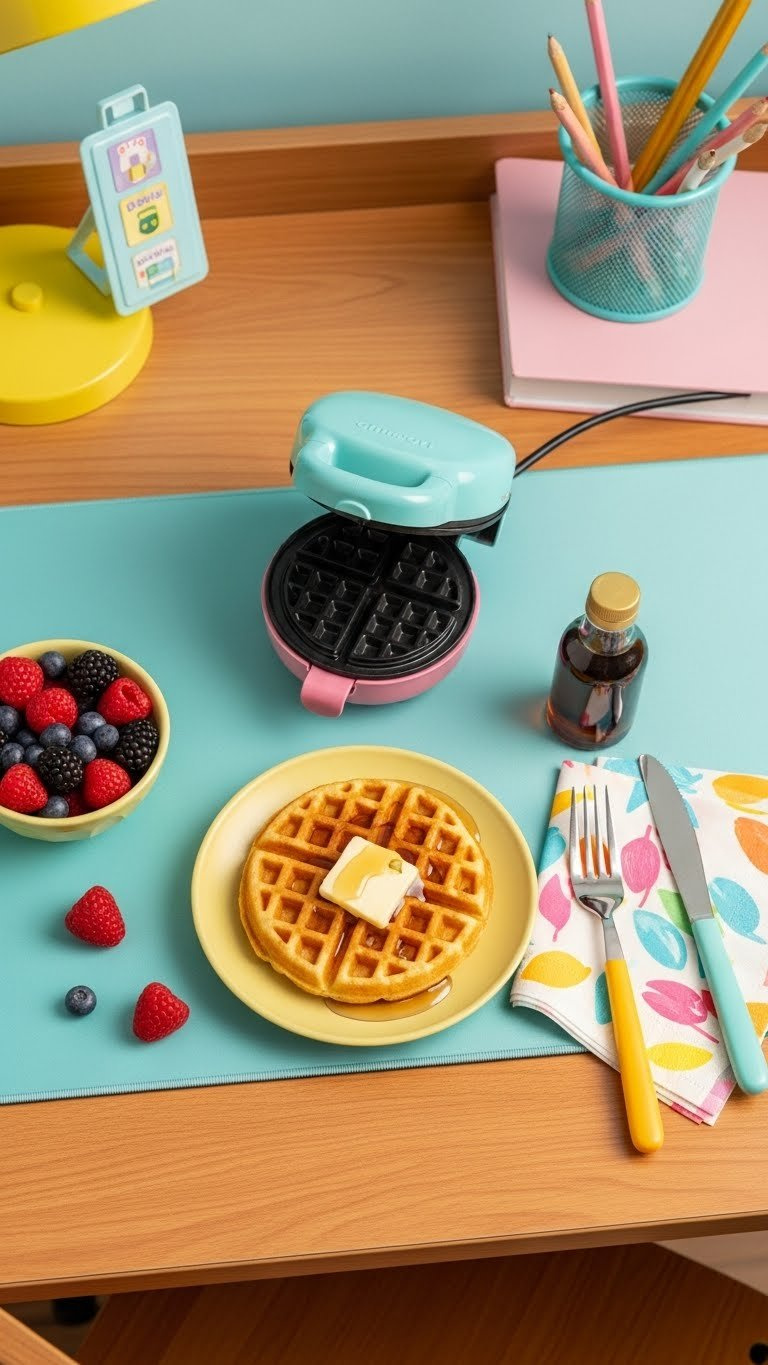 Colorful mini waffle maker with golden waffle topped with butter maple syrup on playful pastel dorm desk setup.