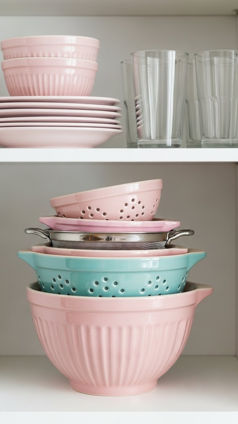 Colorful nesting mixing bowls with colander and sieve stacked together in kitchen cabinet showing space-saving design