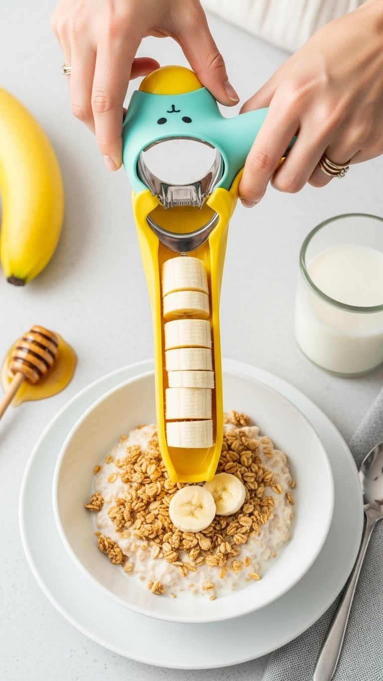 Colorful plastic banana slicer creating uniform slices falling onto oatmeal with honey drizzle