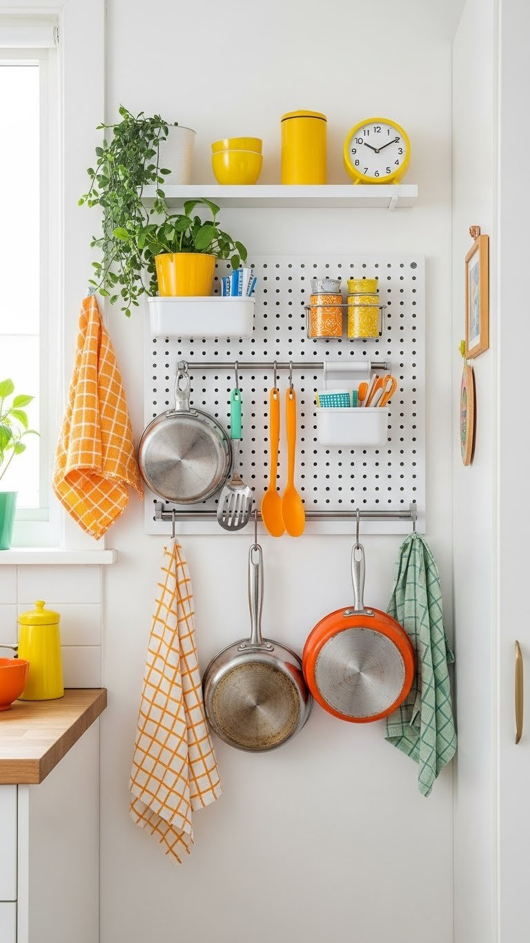 Colorful retro pegboard system with hanging pots, pans, and utensils for efficient vertical storage