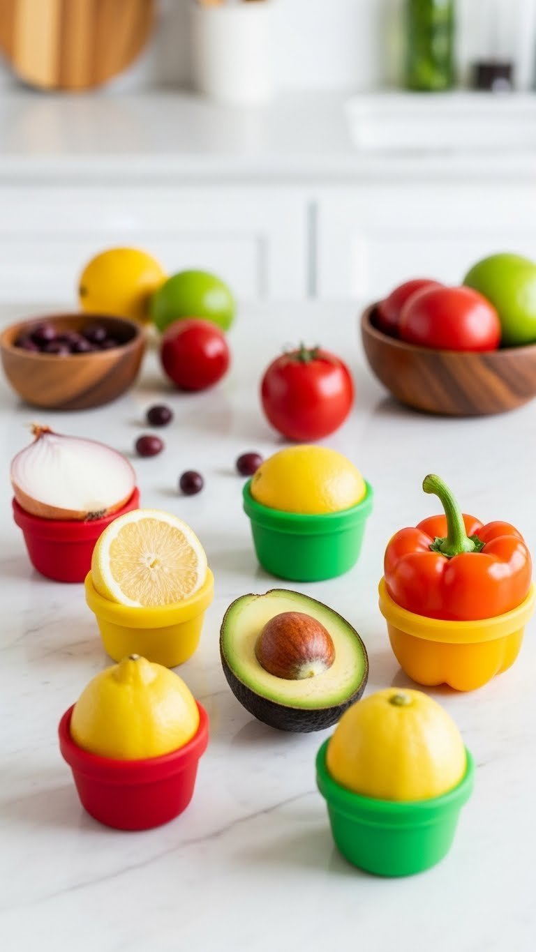 Colorful silicone food huggers preserving cut onion, lemon, avocado, and bell pepper on marble countertop