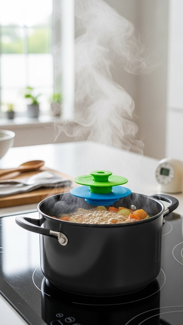 Colorful silicone spill stopper preventing boiling water overflow from a pot on a stovetop