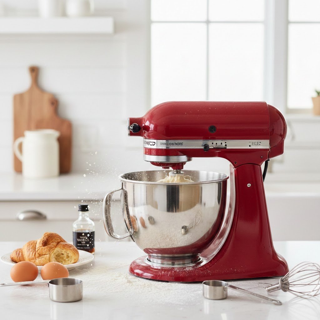 Colorful stand mixer actively mixing dough with flour dusting on quartz countertop in farmhouse kitchen.