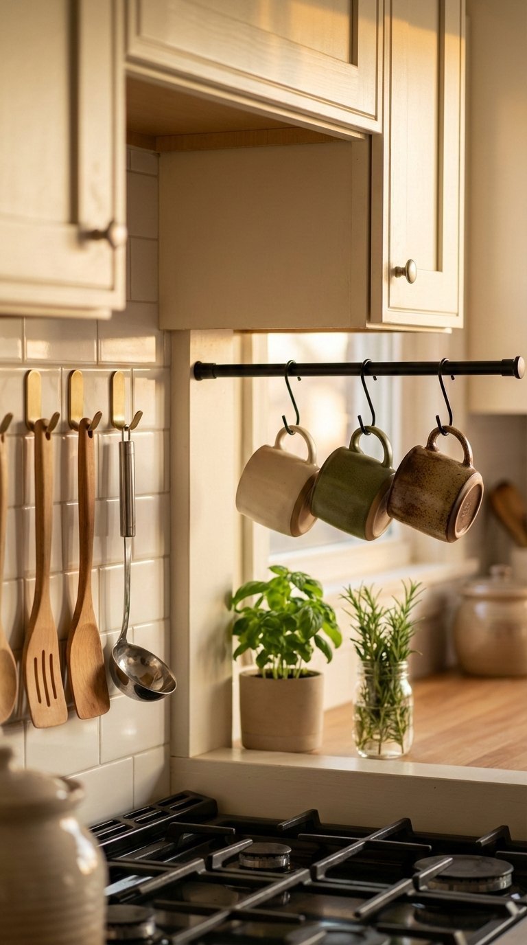 Command hooks and tension rod holding cooking utensils and mugs on tiled kitchen backsplash