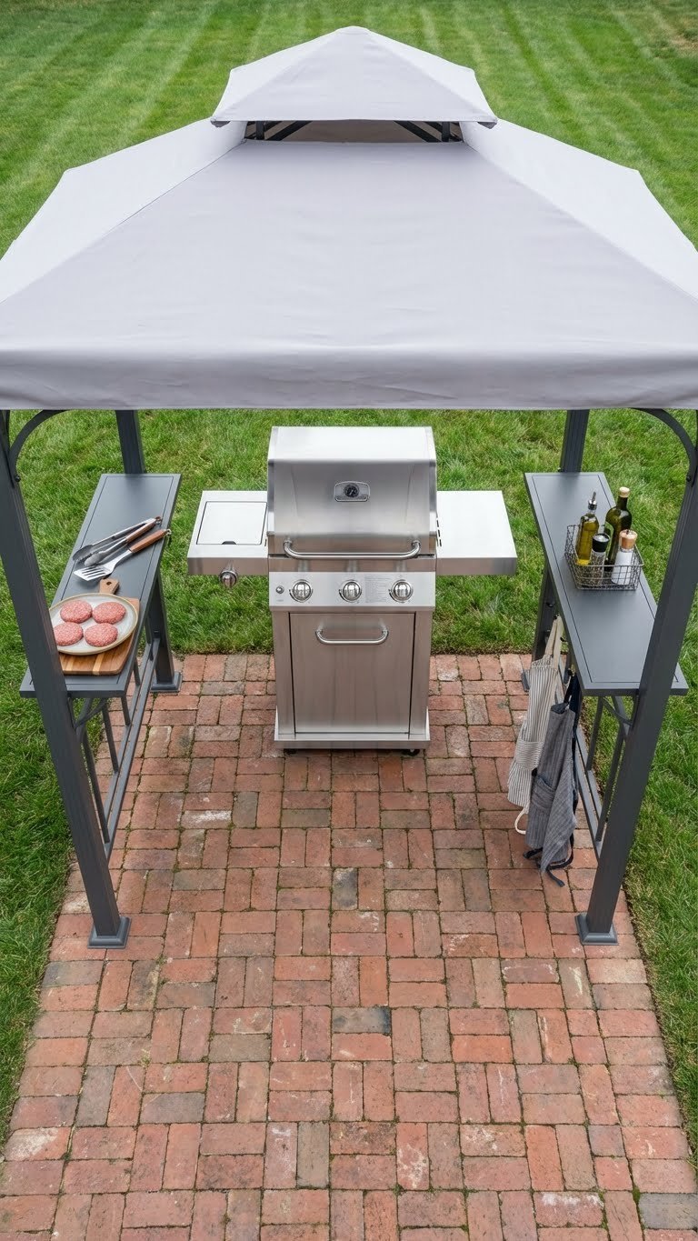 Outdoor Kitchen Gazebo Design Ideas That Are Complete And Proven 7 Compact 8x5 grilling station gazebo with stainless steel grill and built-in shelves on tidy brick patio