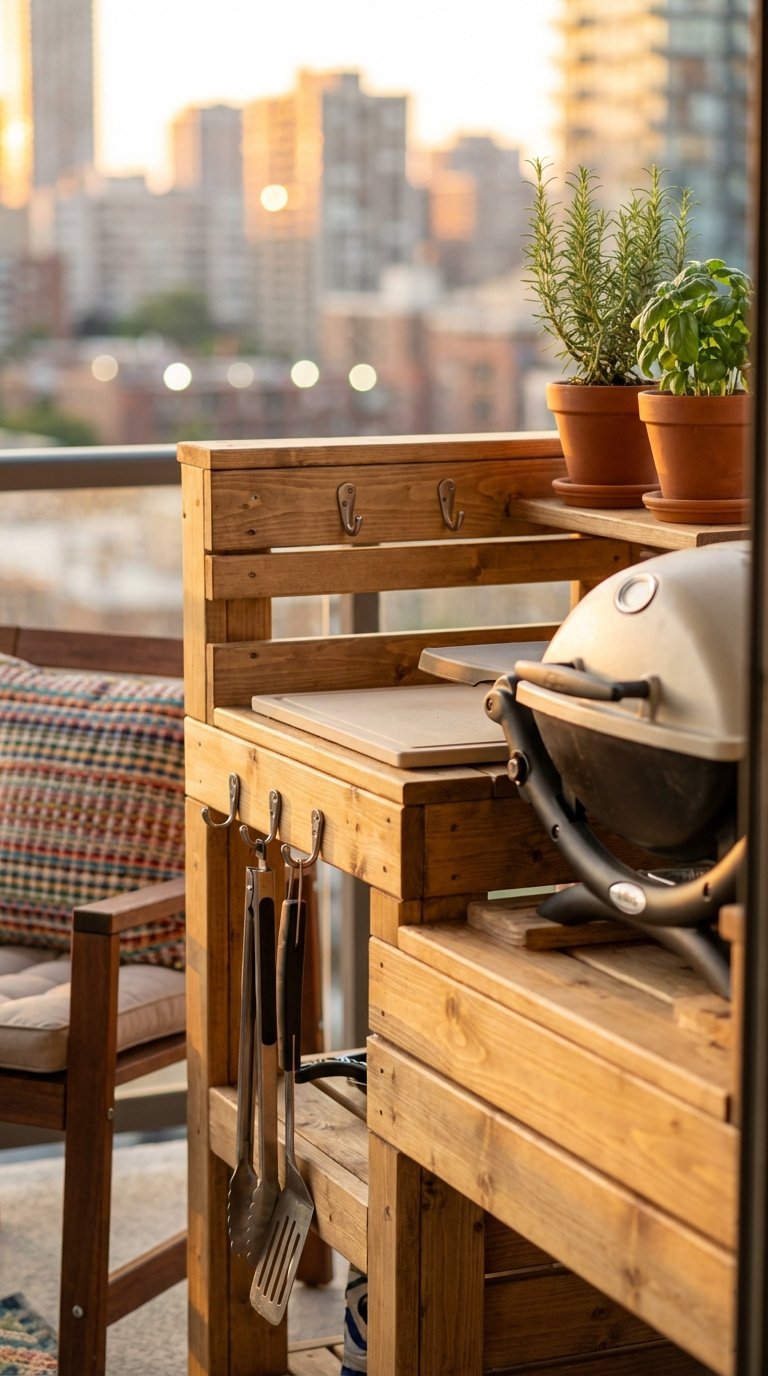 Outdoor Kitchen Entertaining Ideas Proven Tips For Homeowners 16 Compact DIY grilling cart on apartment balcony with portable grill and herb plants during golden hour.