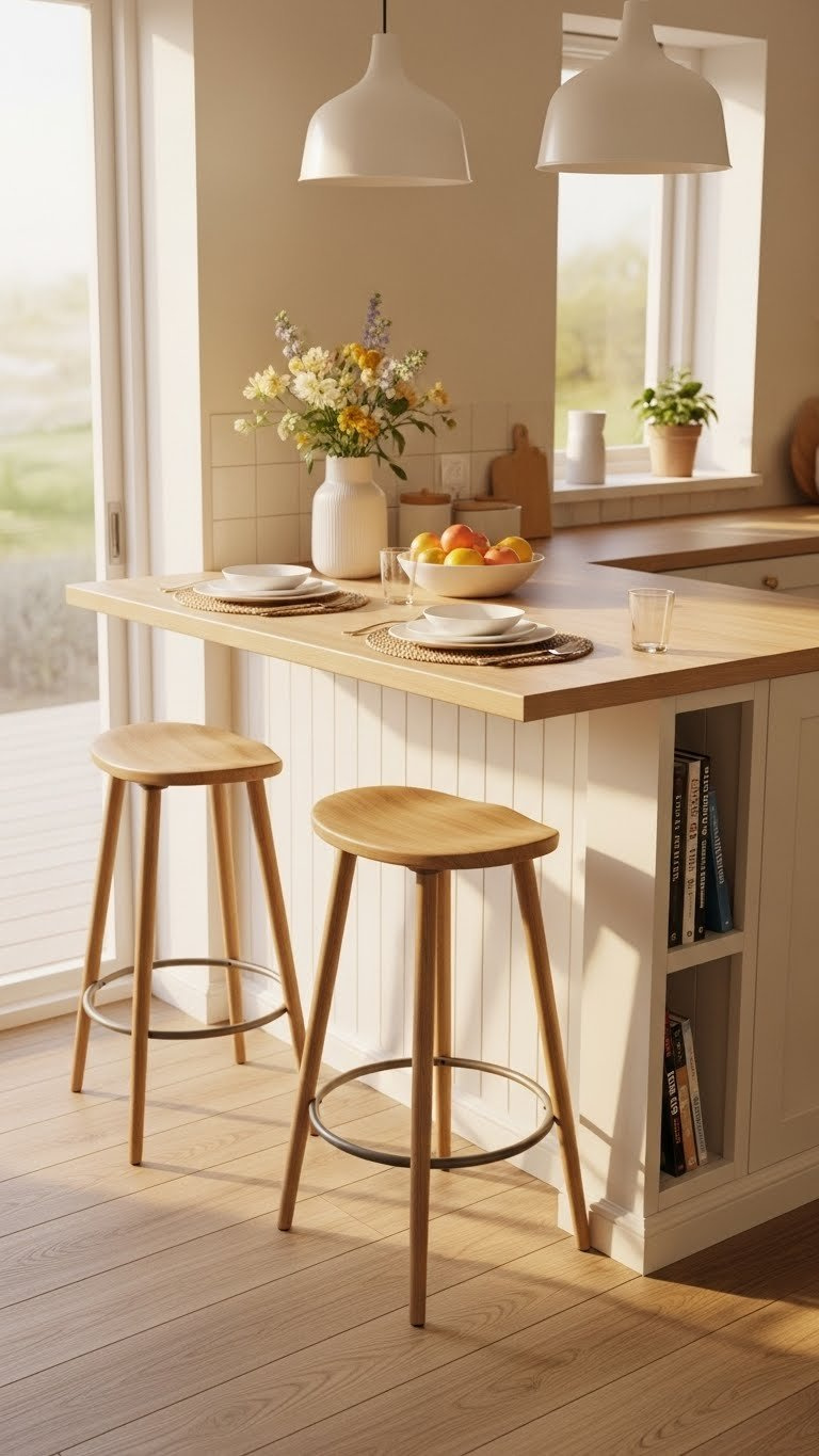 Compact DIY kitchen island with light wooden countertop and backless bar stools in cozy Bloxburg breakfast nook setup