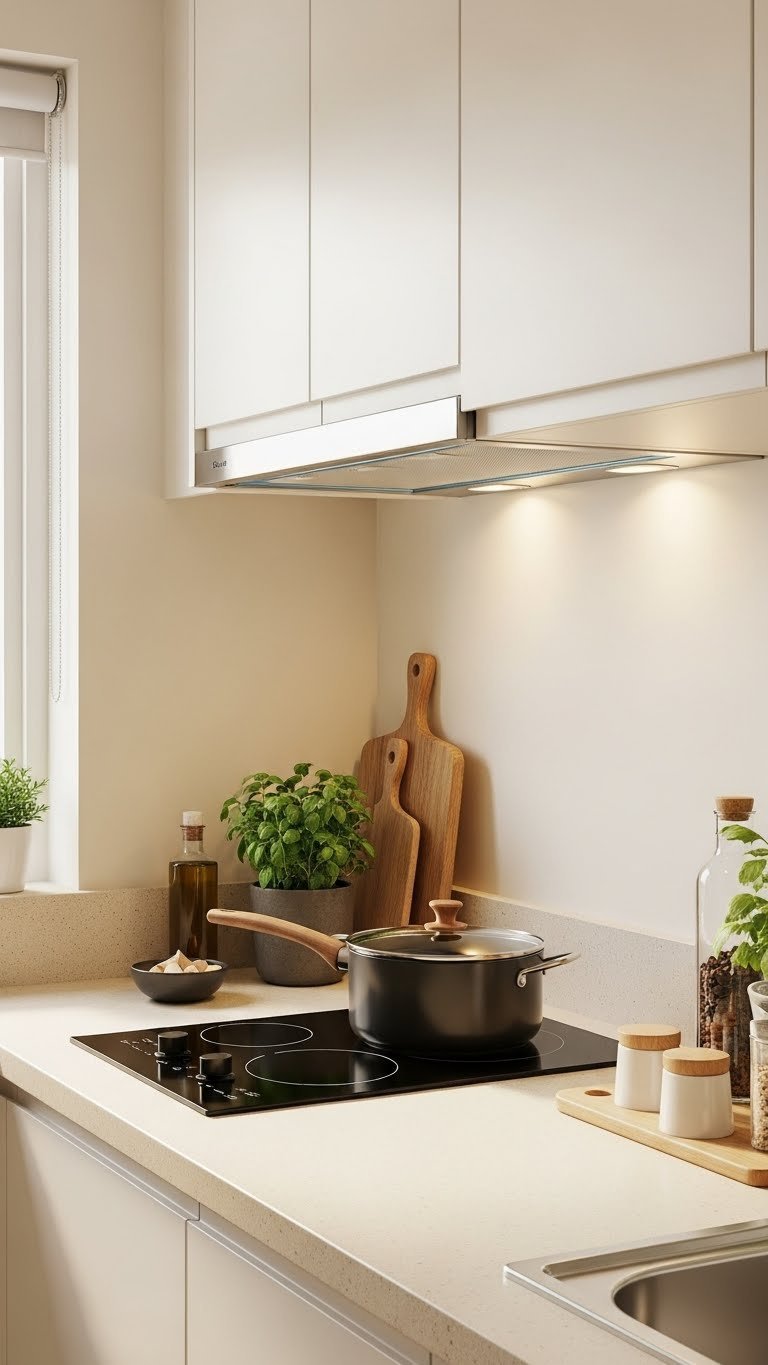 Compact Indian kitchen with sleek induction cooktop and discreet ventilation solution for smoke-free cooking environment