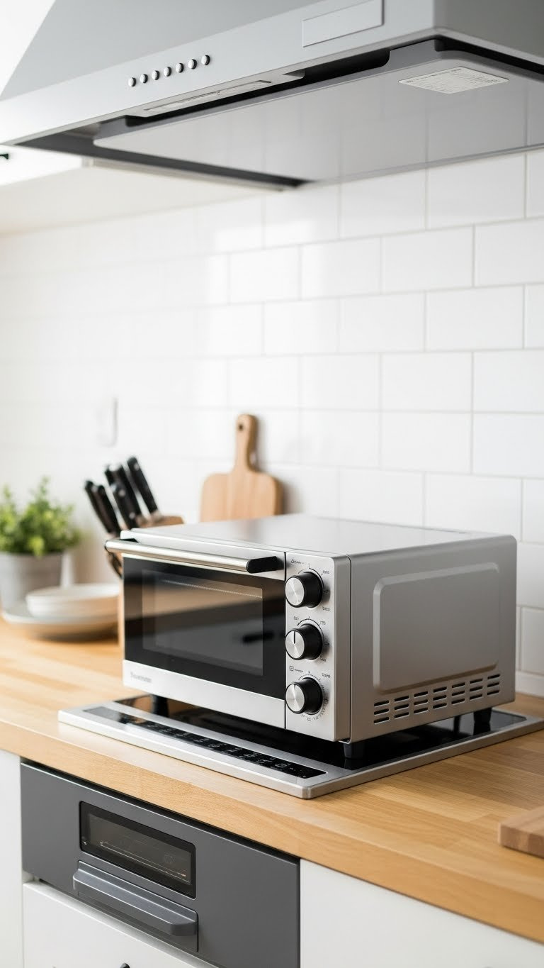 Compact Japanese kitchen featuring a sleek stainless steel mini oven on a wooden countertop with minimalist accessories