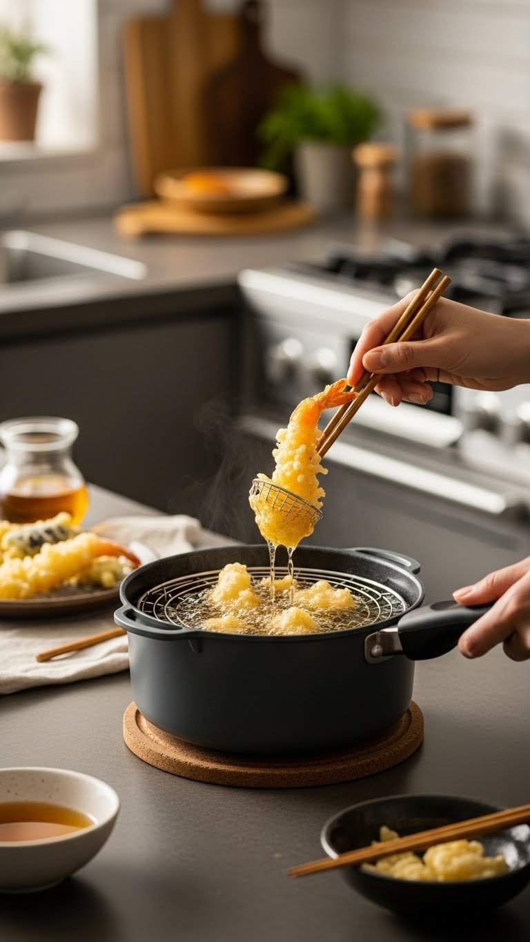 9 Smart Japanese Kitchen Gadgets For Home Cooks 14 Compact Japanese tempura pot frying battered vegetables with oil