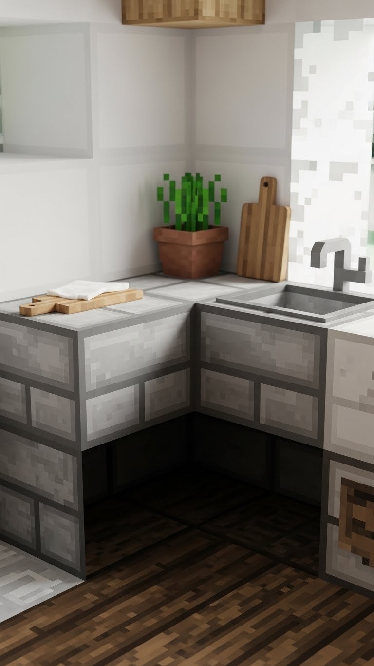 Compact L-shaped Minecraft corner countertop with polished deepslate blocks, herbs, and chopping board in cozy kitchen interior