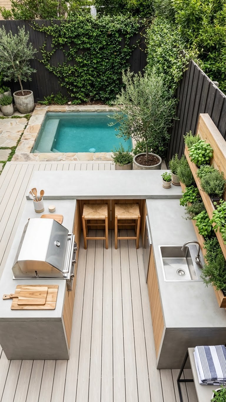 Outdoor Kitchen Pool Area Design Ideas For Luxury Entertaining 8 Compact L-shaped outdoor kitchen in small backyard with plunge pool and space-efficient design