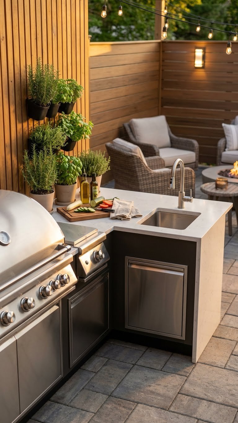Outdoor Kitchen Patio Ideas 11 Proven Designs For Any Space 1 Compact L-shaped outdoor kitchen with stainless steel grill and quartz countertops on stylish patio with herb garden wall