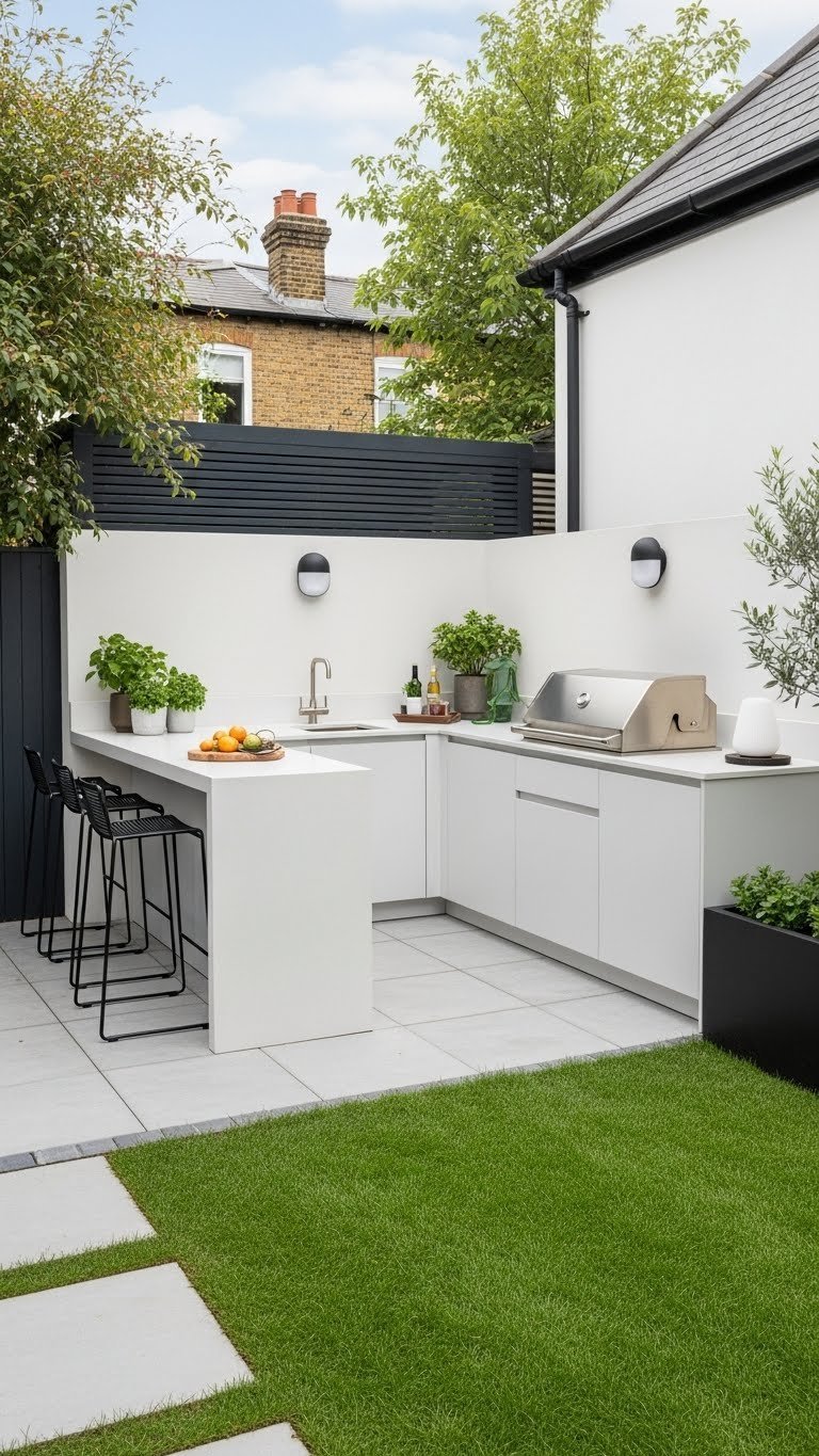 Compact L-shaped outdoor kitchen with white stucco finishes and integrated appliances in urban backyard setting