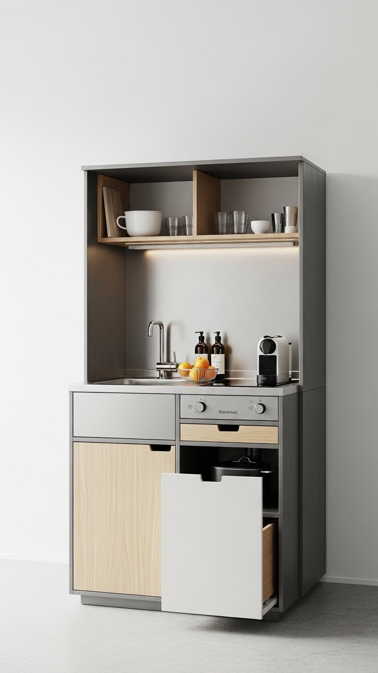 Compact Sanwa-inspired micro-kitchen unit with integrated sink, induction cooktop, and hidden storage drawers