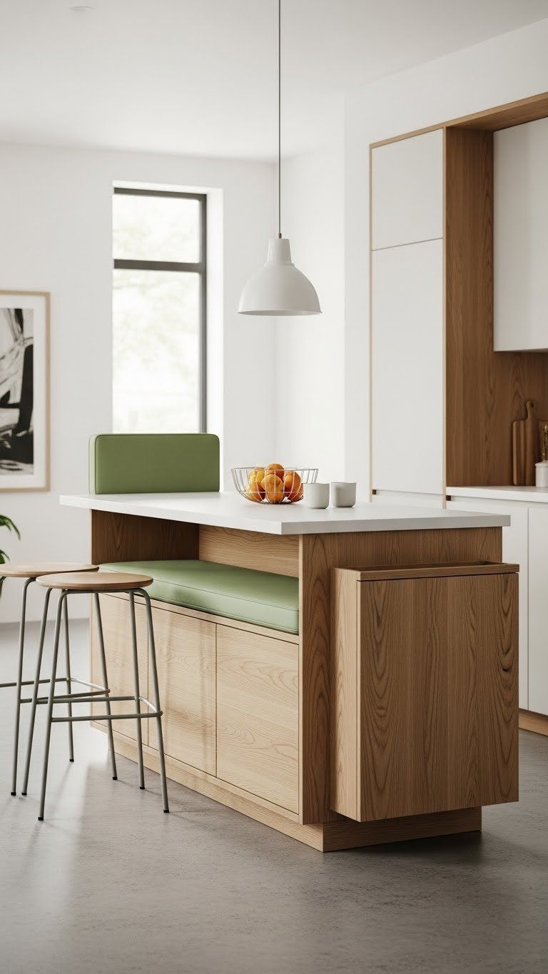 Compact Scandinavian kitchen island with integrated seating, light wood construction, white countertop, and minimalist bar stools