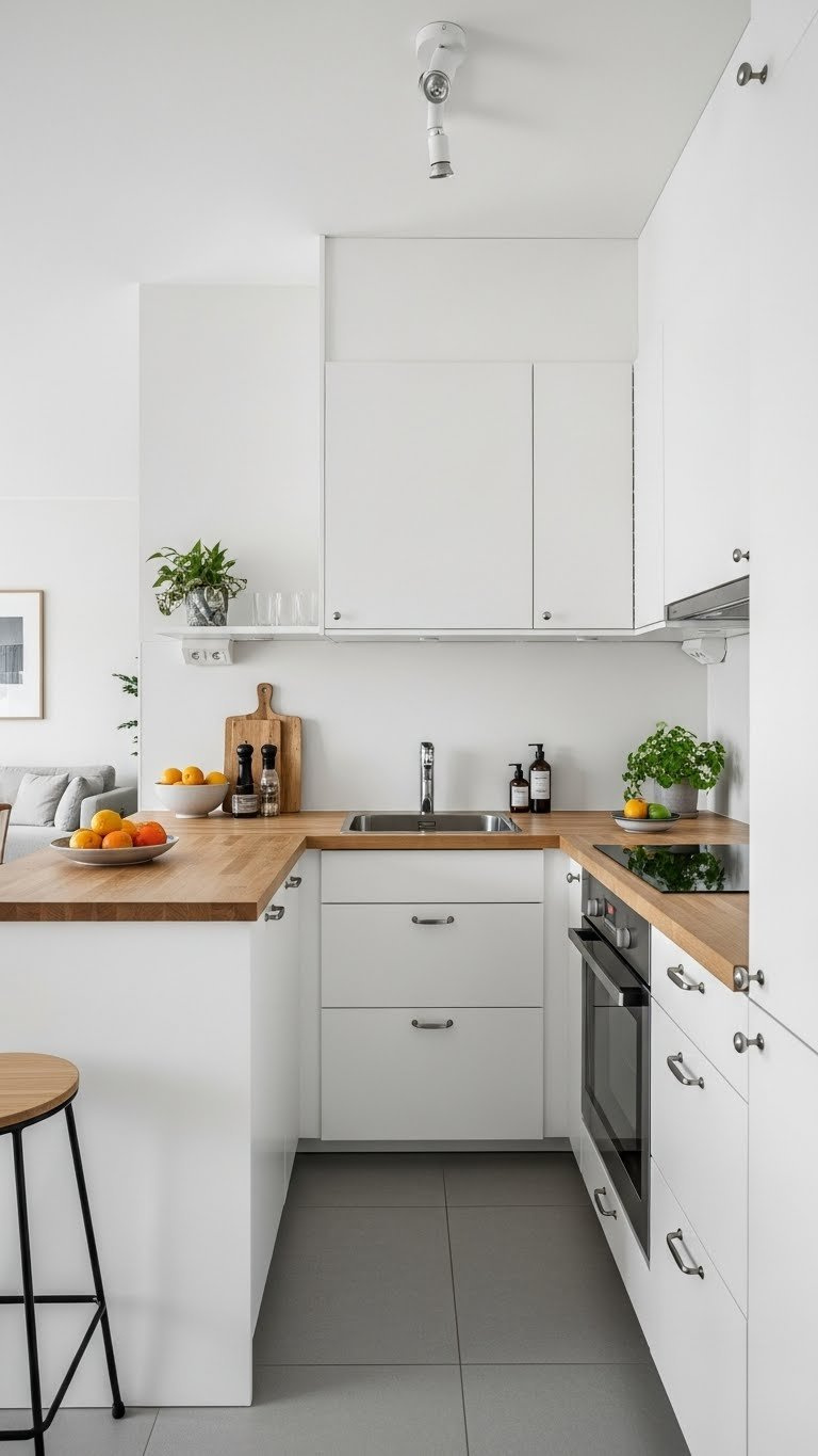 Compact U-shaped Scandinavian kitchen layout with integrated appliances, handleless white cabinets, and light wood countertop