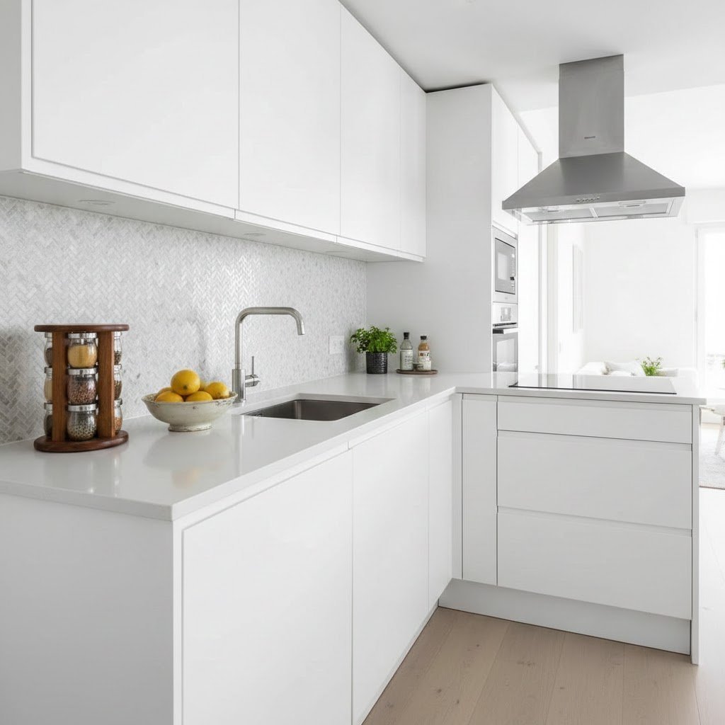 Compact U-shaped kitchen layout with quartz countertops, handle-less white cabinetry, and efficient ergonomic workspace arrangement