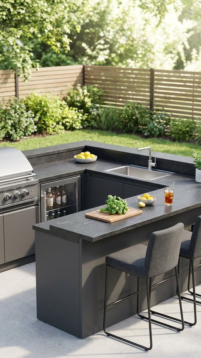 U-Shaped Outdoor Kitchen Design: 7 Ideas For Your Backyard 1 Compact U-shaped outdoor kitchen with built-in grill and bar area in dark gray cabinets against lush garden background.
