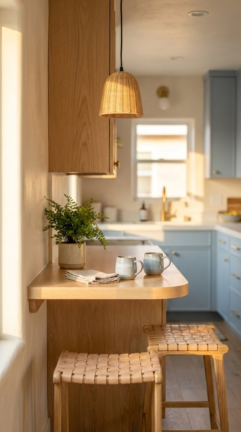 Compact breakfast bar with minimalist stools providing dining space in a small kitchen design